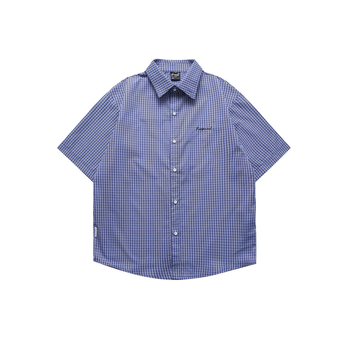 Royal blue small-check short-sleeve button-up shirt, front view flat lay, with point collar and embroidered chest script