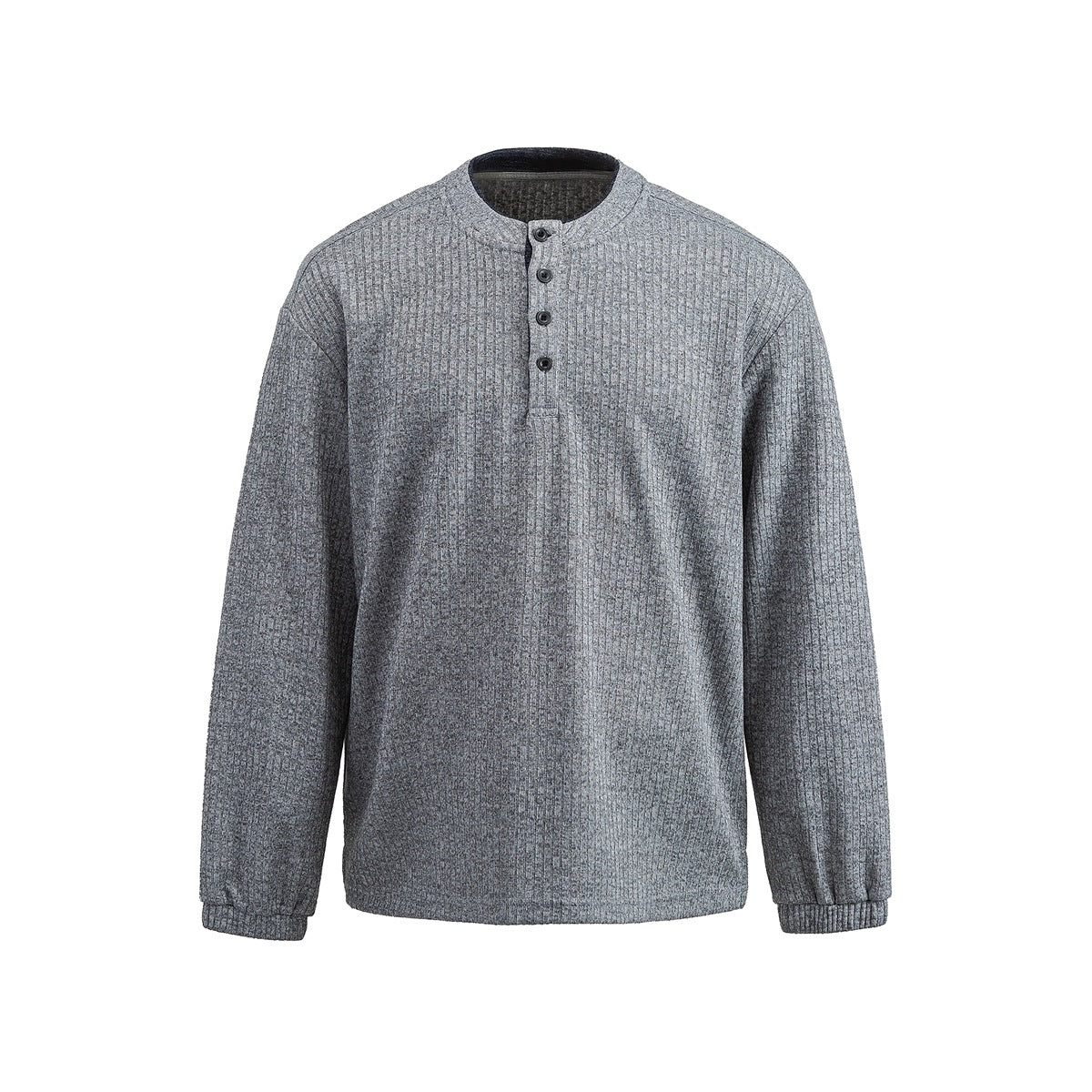 Gray ribbed knit Henley pullover with four buttons, drop shoulders and ribbed cuffs, front flat view