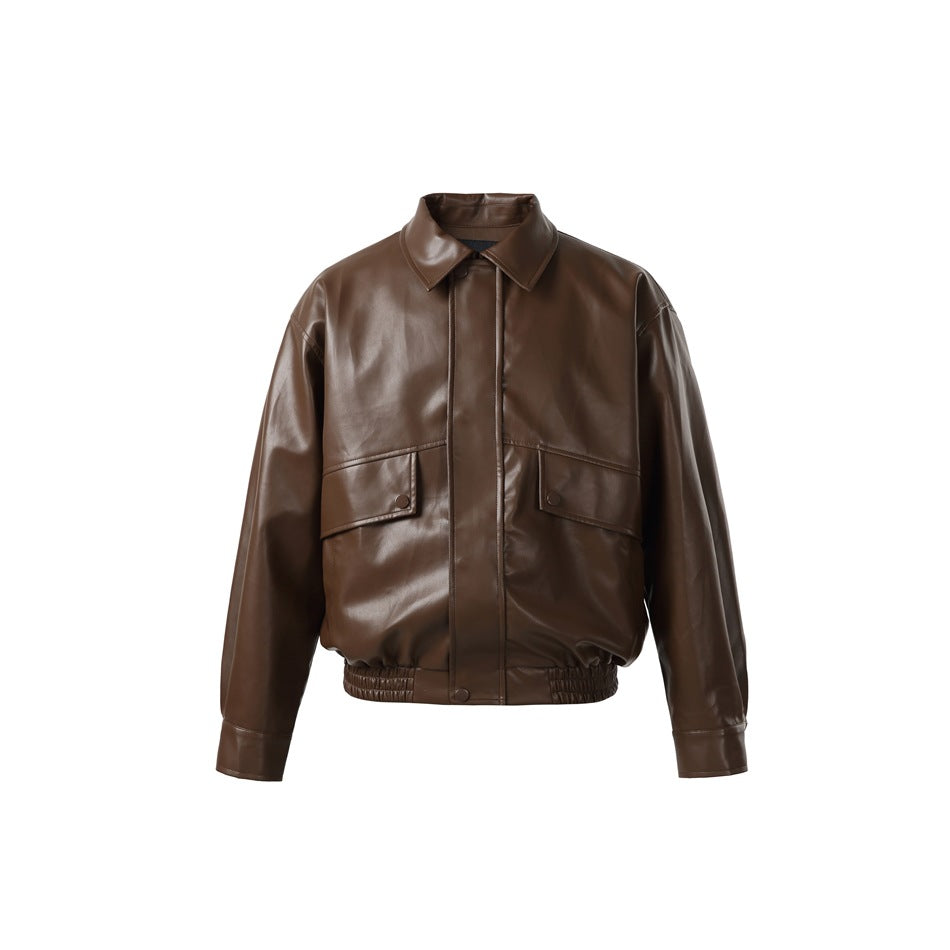Brown faux-leather-look bomber jacket, front view, with collar, flap pockets and elastic hem