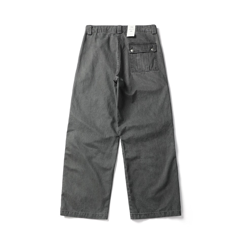 Back view of black-gray wide-leg pants with a snap-closure flap pocket on the right back