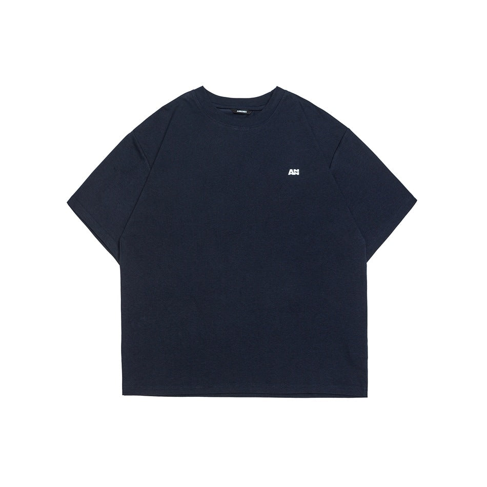Navy short-sleeve crew-neck T-shirt with small white chest logo, flat front view