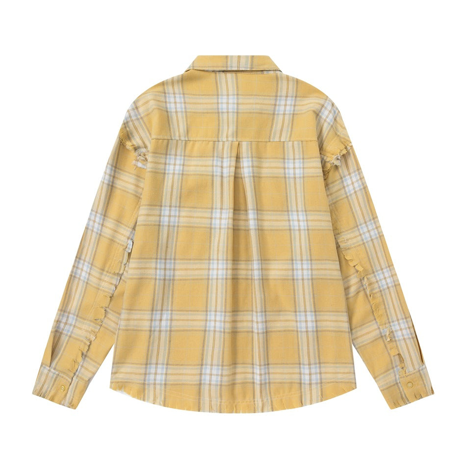 Back view of a yellow and white plaid button-up shirt with distressed frayed details.