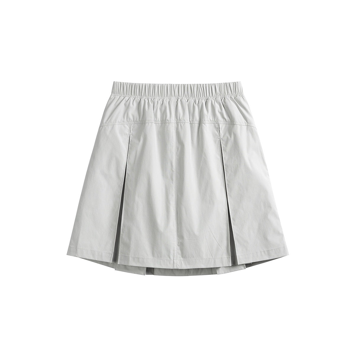 Back view of a light gray skirt with an elastic waistband and overlapping pleated panels.