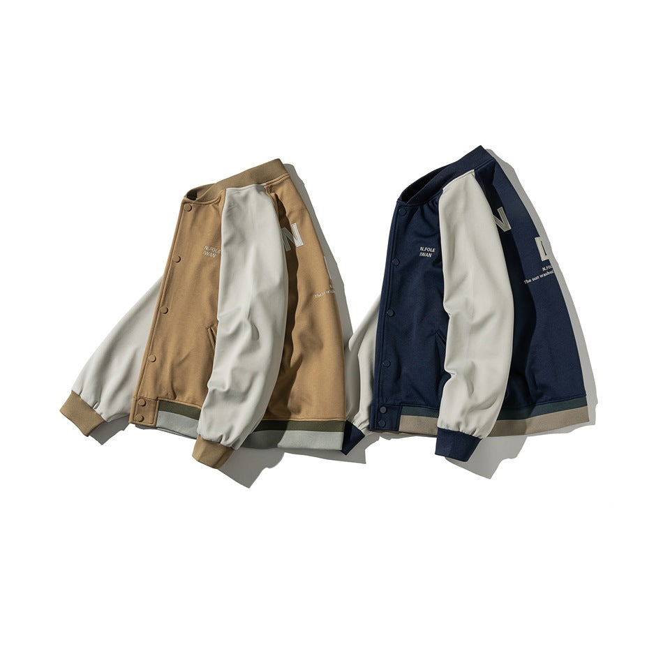 Two colorways of a button-front varsity jacket: tan with cream sleeves and navy with cream sleeves.