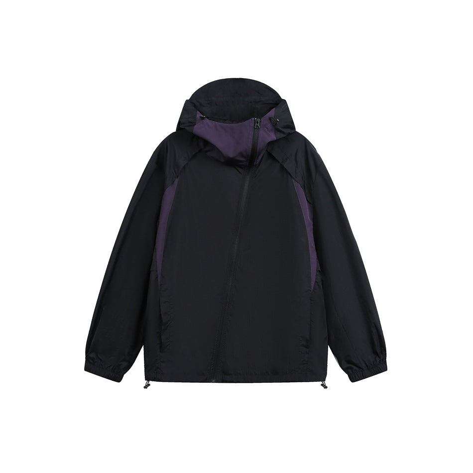 Black hooded jacket with purple panels and diagonal zipper, flat front view