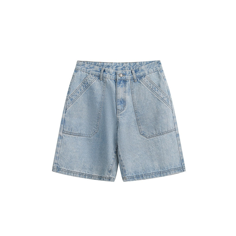 Light blue washed denim knee-length shorts with large front panel pockets, flat lay on white background