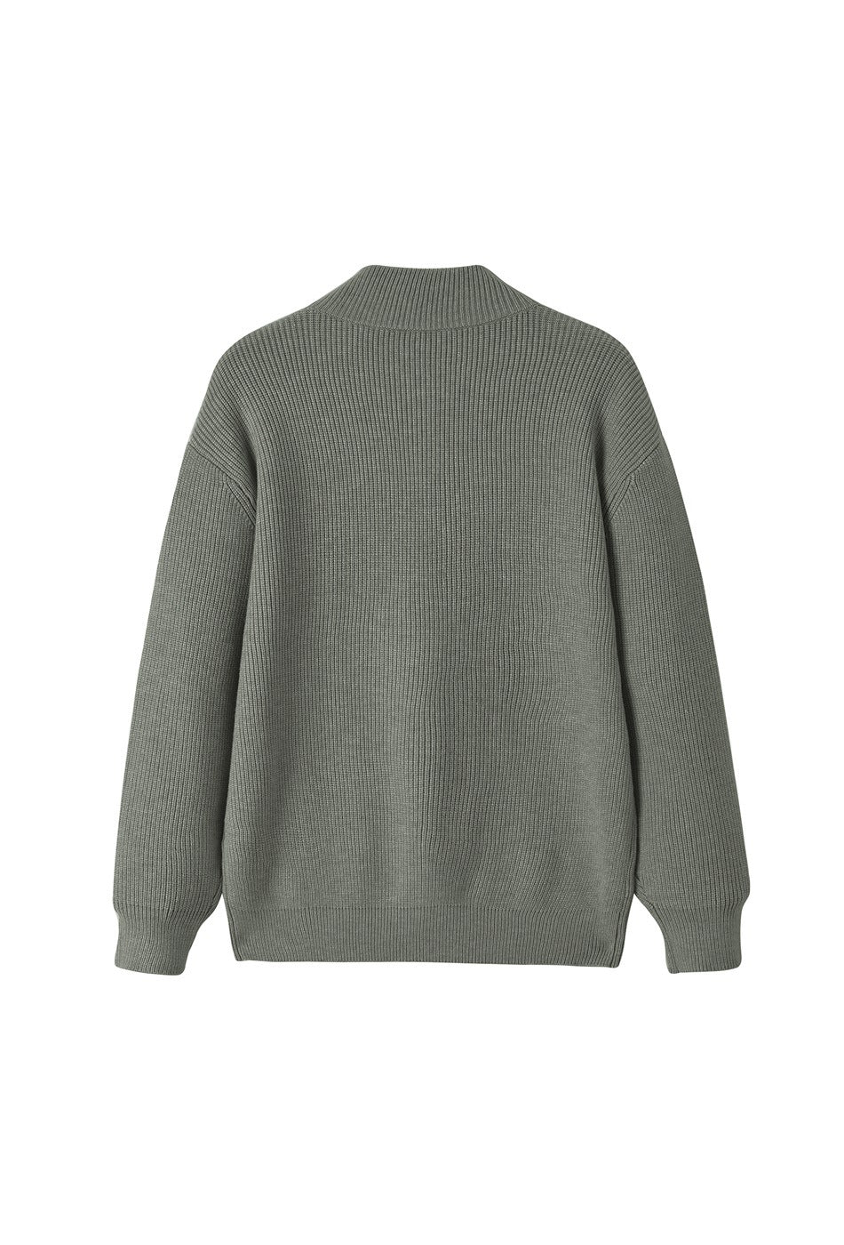 Back view of a sage-gray rib-knit cardigan with a stand collar and long sleeves.