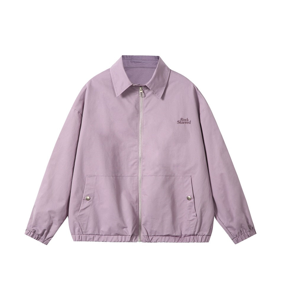 Purple zip-front collared jacket flat lay with snap-button front pockets, elastic cuffs and hem