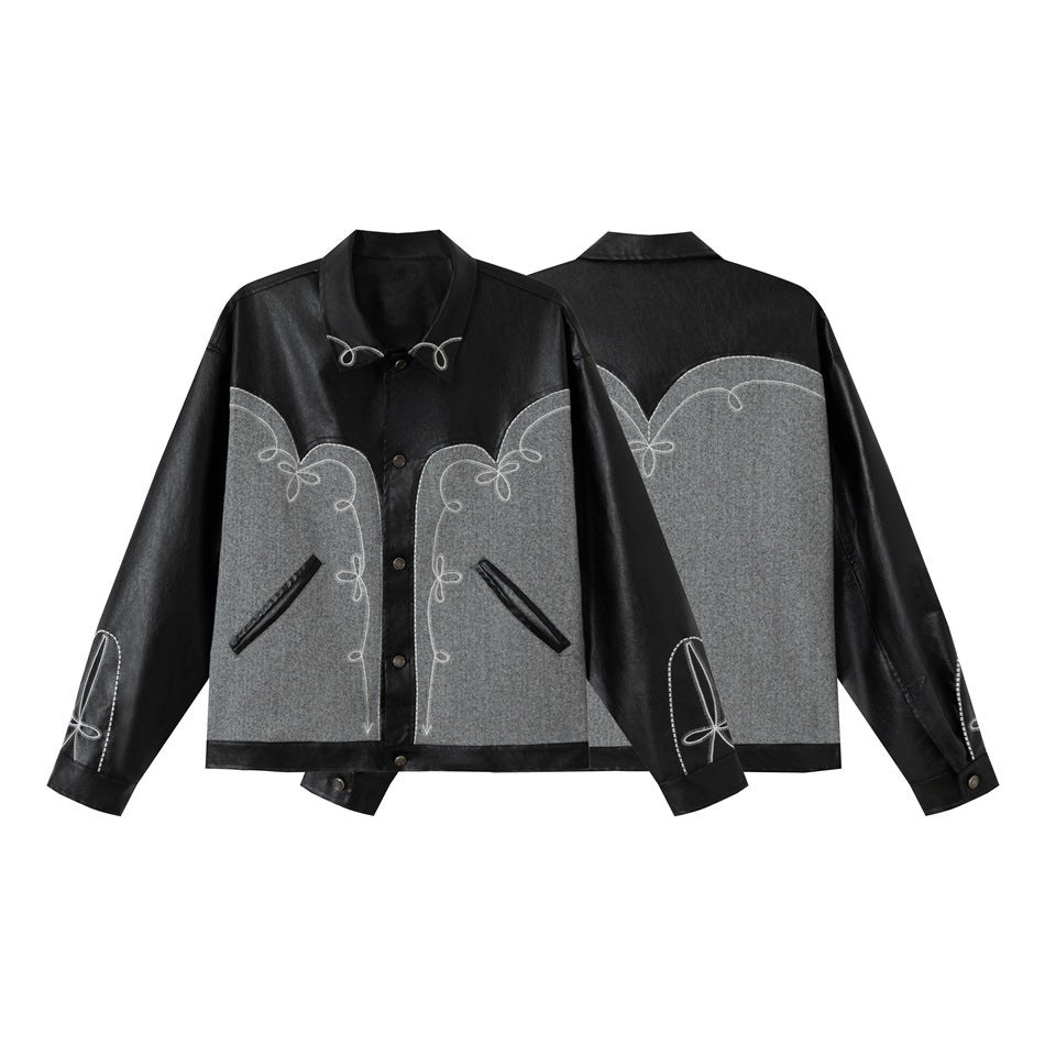 Front and back flat views of a black jacket with large gray panels, white stitched motifs, and button closure.