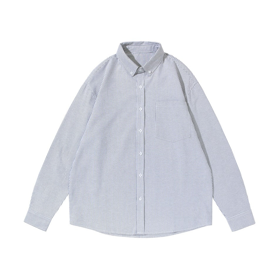 Gray-blue and white vertical-striped long-sleeve button-down shirt with chest pocket, laid flat, front view