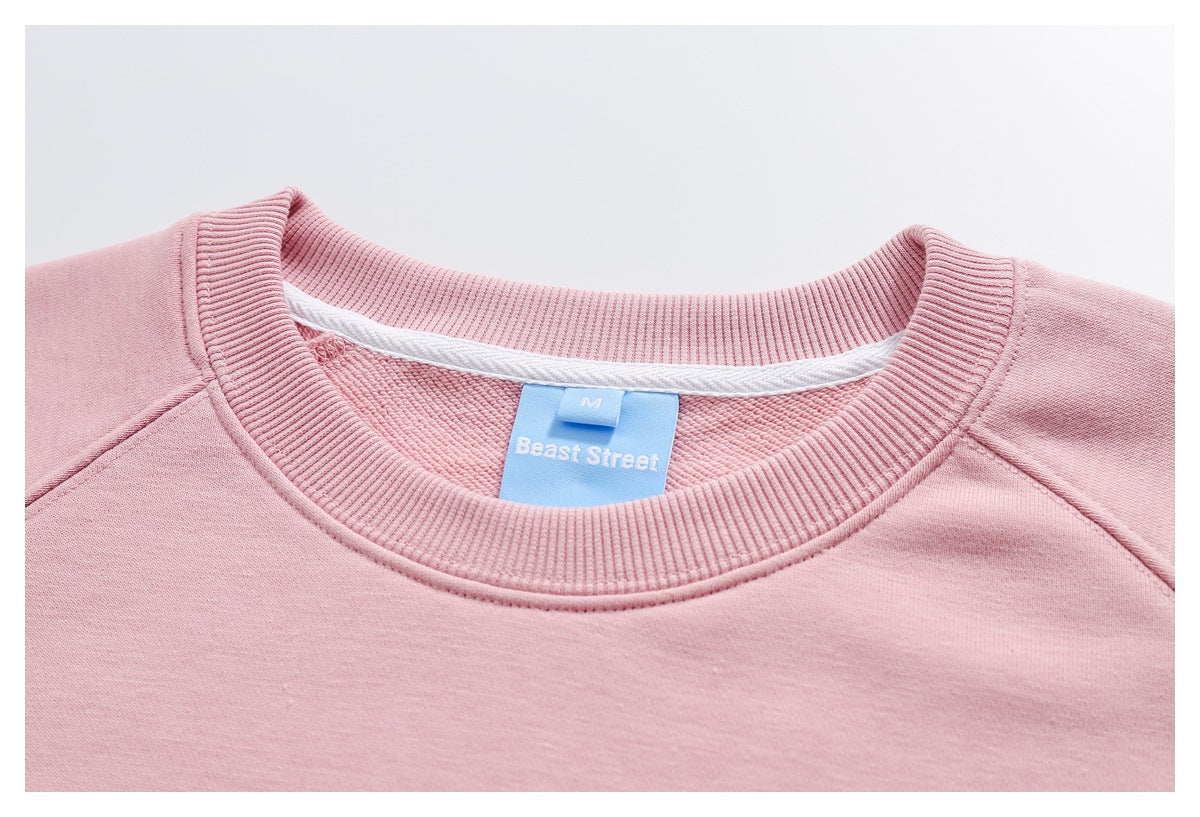 Pink sweatshirt crew neck with a blue Beast Street size M label.