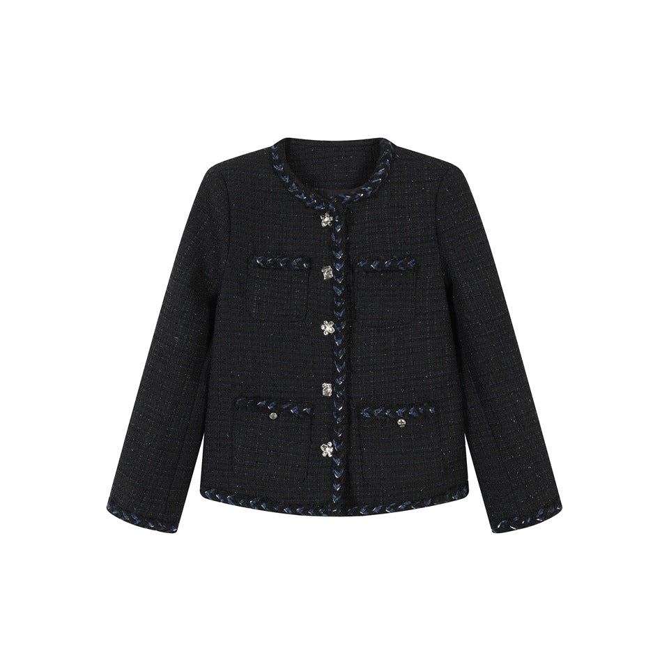 Black tweed-look round-neck jacket with navy braided trim, four front pockets and silver-tone buttons, flat front view