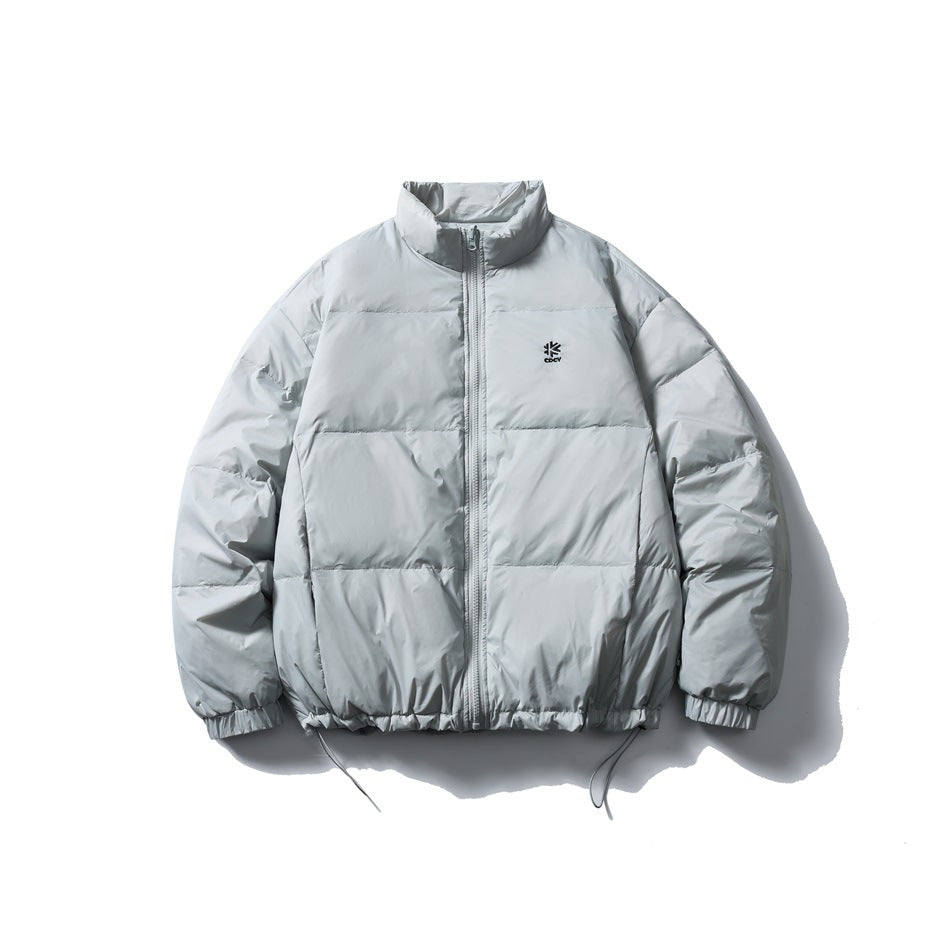 Front view of a light gray puffer jacket with a high collar, zip front, horizontal quilting, and elastic cuffs.