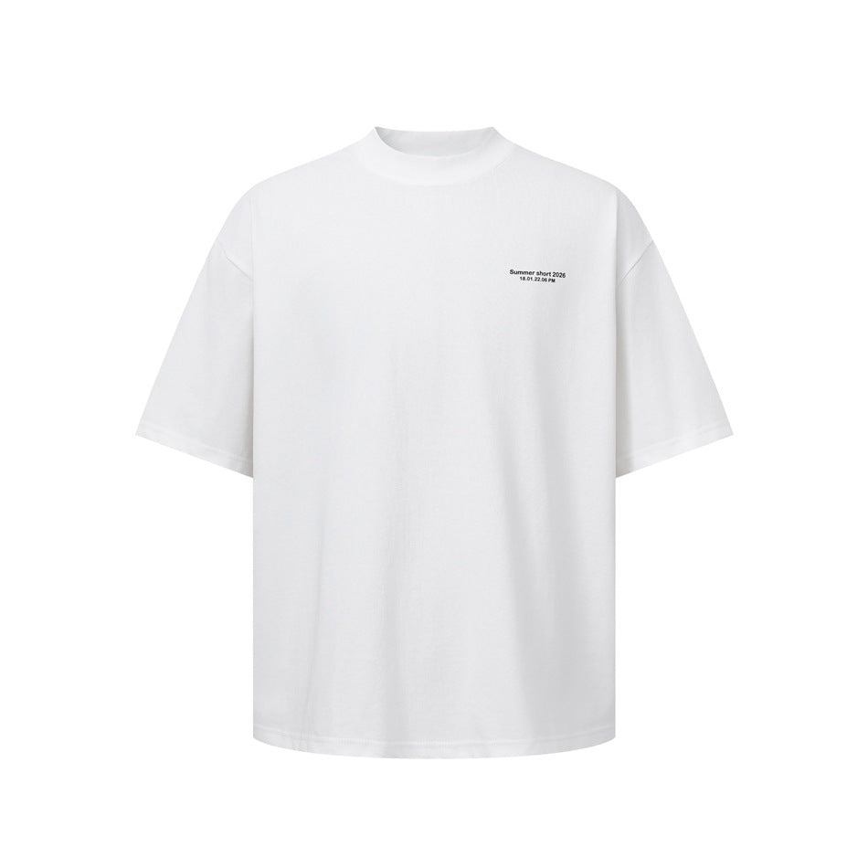 Front view of a white oversized short-sleeve T-shirt with a small black text print on the chest.