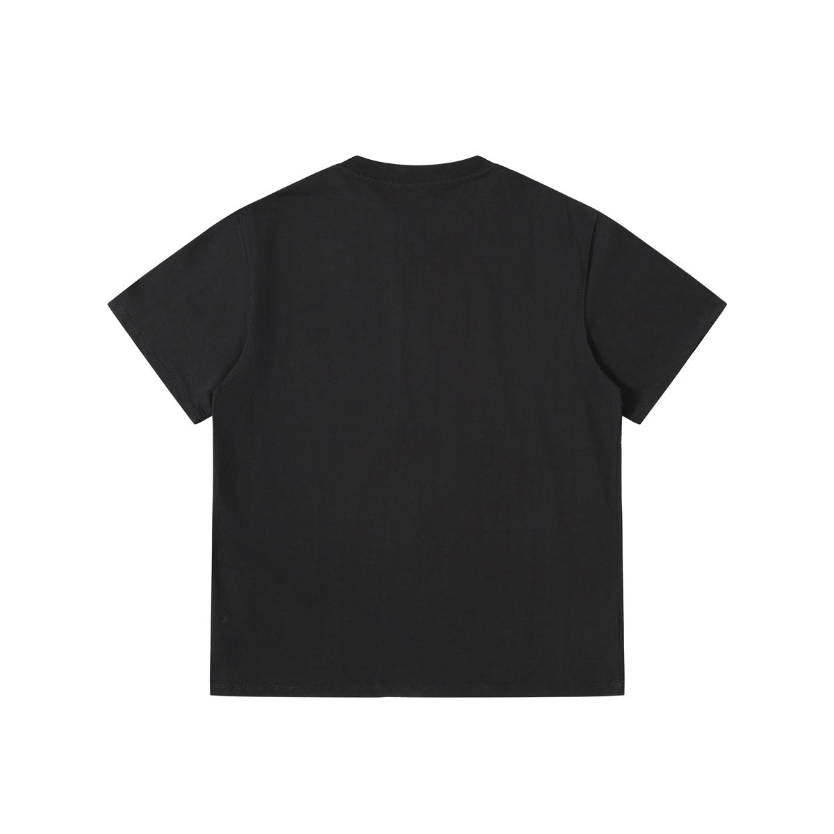 Plain black short-sleeve crew-neck T-shirt shown from the back.