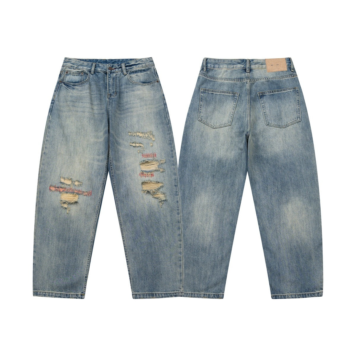 Front and back views of relaxed-fit faded blue jeans with distressed red-stitched patches on the front.