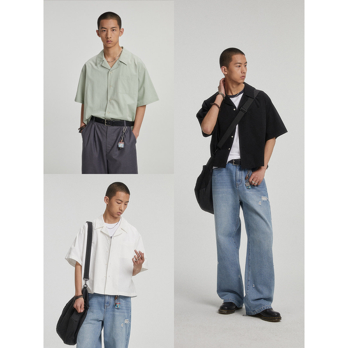 Three model looks featuring a short-sleeve button-up shirt in sage green, black, and white.