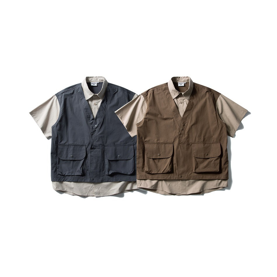 Two utility vests displayed from the front: one dark navy and one brown, each layered over a beige shirt.