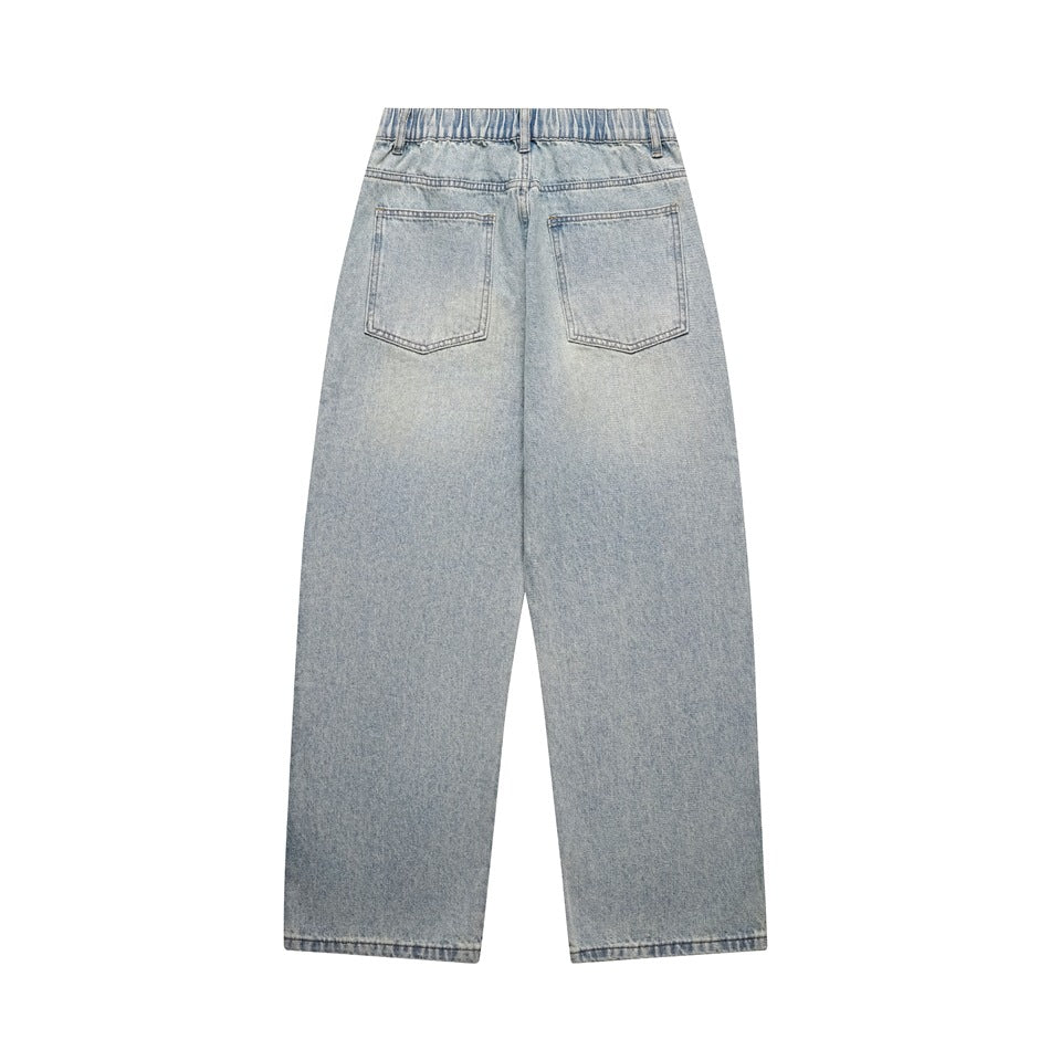 Full rear view of light-wash straight-leg jeans with two back pockets and a high waistband, laid flat on white.