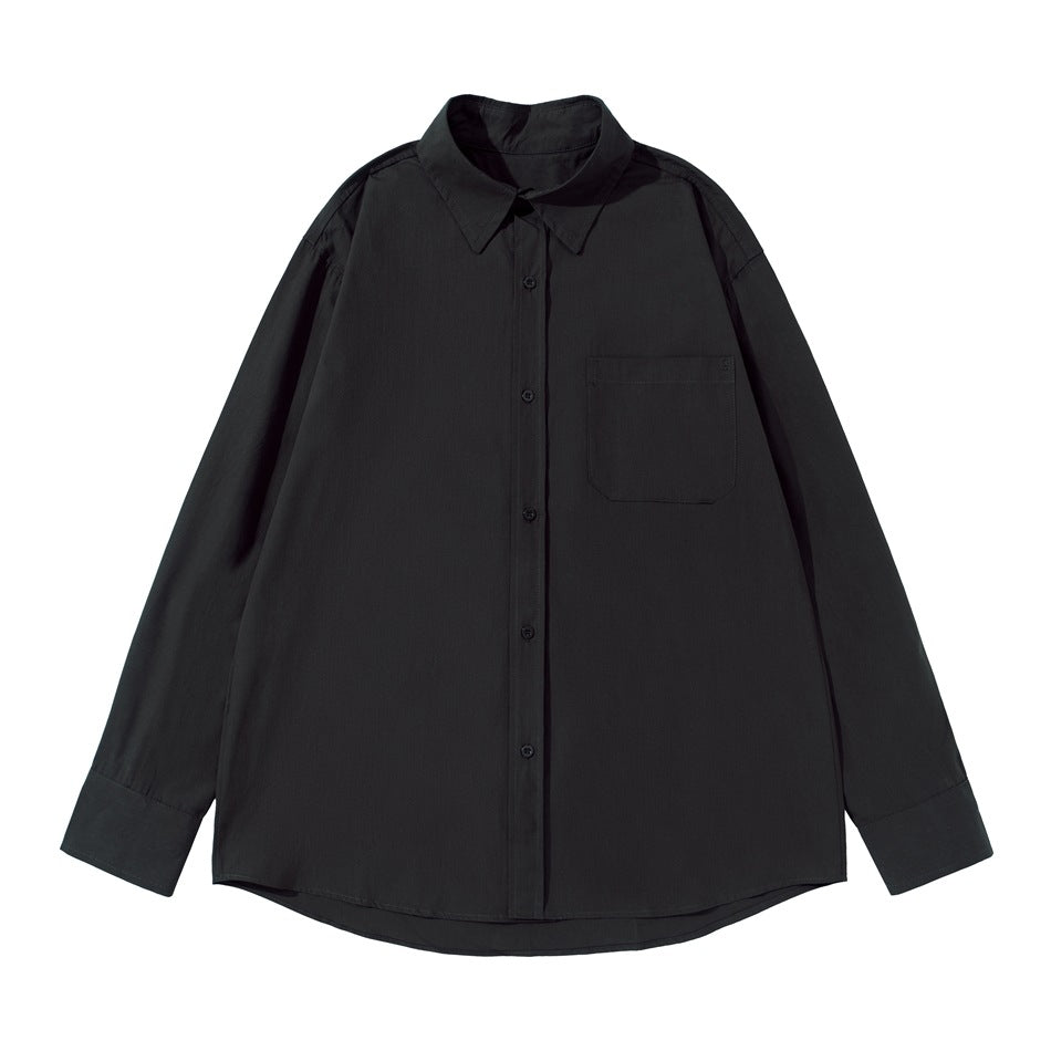 Black long-sleeve button-up shirt with chest pocket, flat lay front view