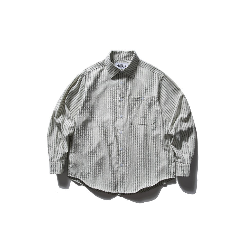 Off-white long-sleeve striped button-up shirt with chest pocket and curved hem, flat lay front