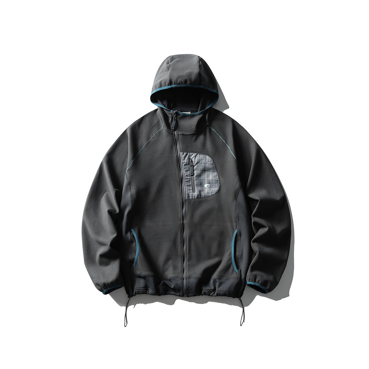 Charcoal gray hooded zip jacket flat lay with teal trim and plaid zip chest pocket
