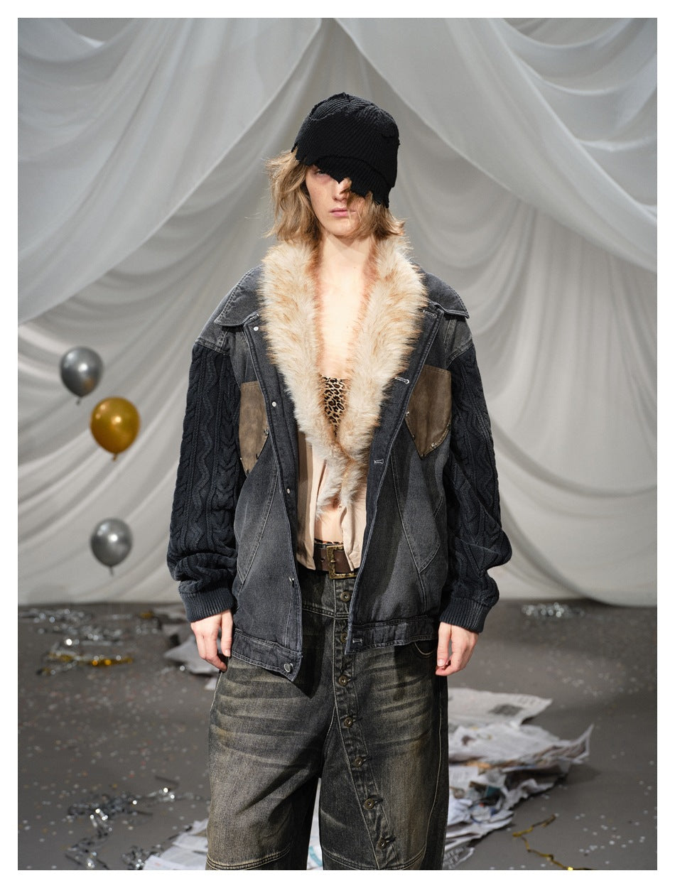 Front view of a model wearing a dark denim jacket with cable-knit sleeves, brown pockets and a light fur collar.