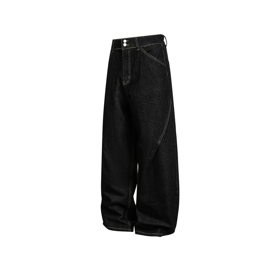 Front view of black wide-leg jeans with contrast stitching, a two-button waistband, and curved leg seams.