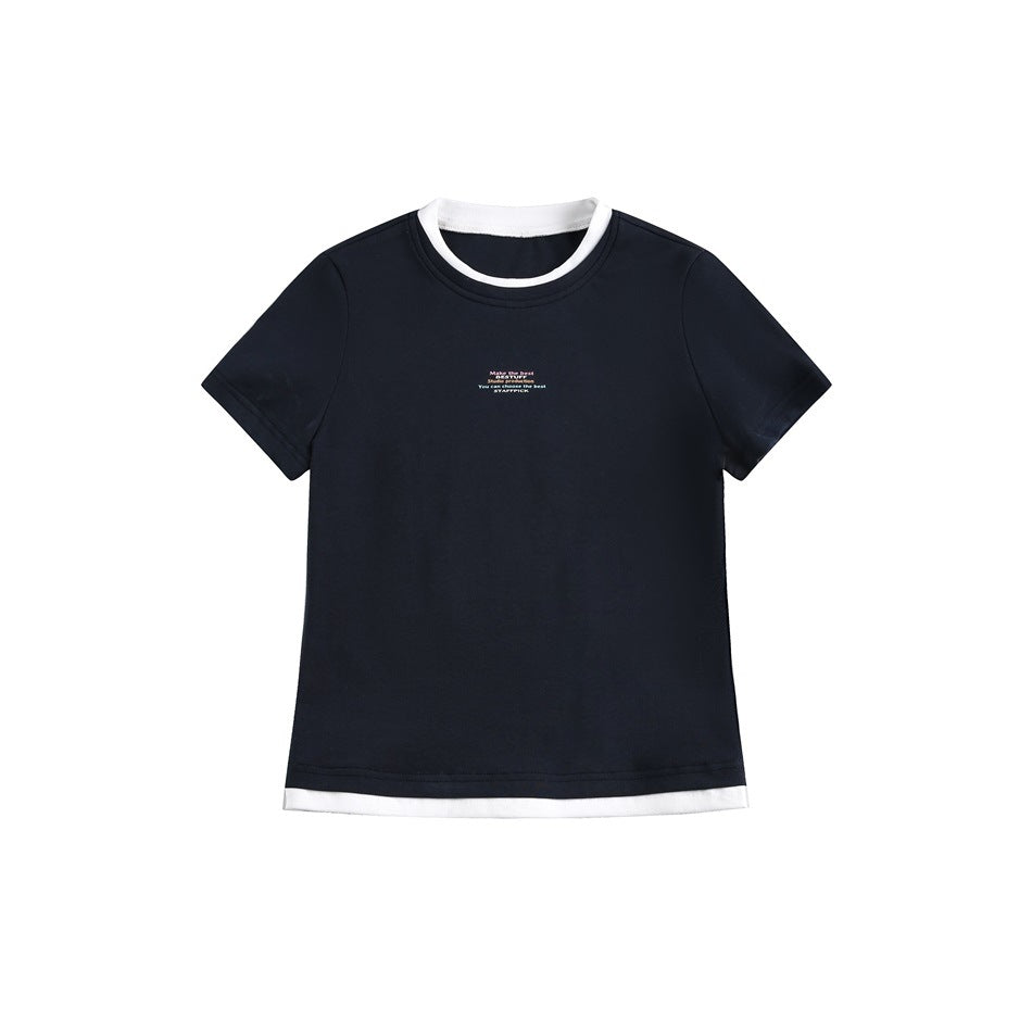 Black short-sleeve crew-neck T-shirt with white layered collar and hem trim and small chest text print, flat front view
