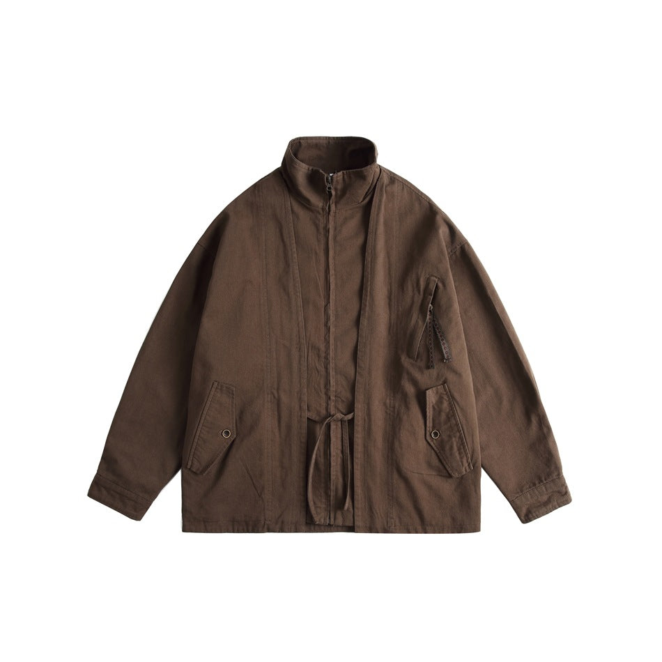 Brown stand-collar zip jacket with waist tie, flap hip pockets and sleeve zip pocket, flat front view