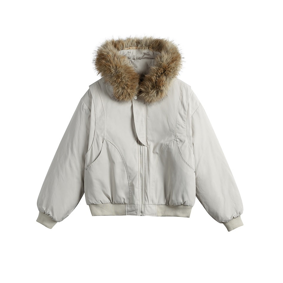 Light gray hooded zip-front padded jacket with fur-like hood trim and ribbed cuffs, flat front view