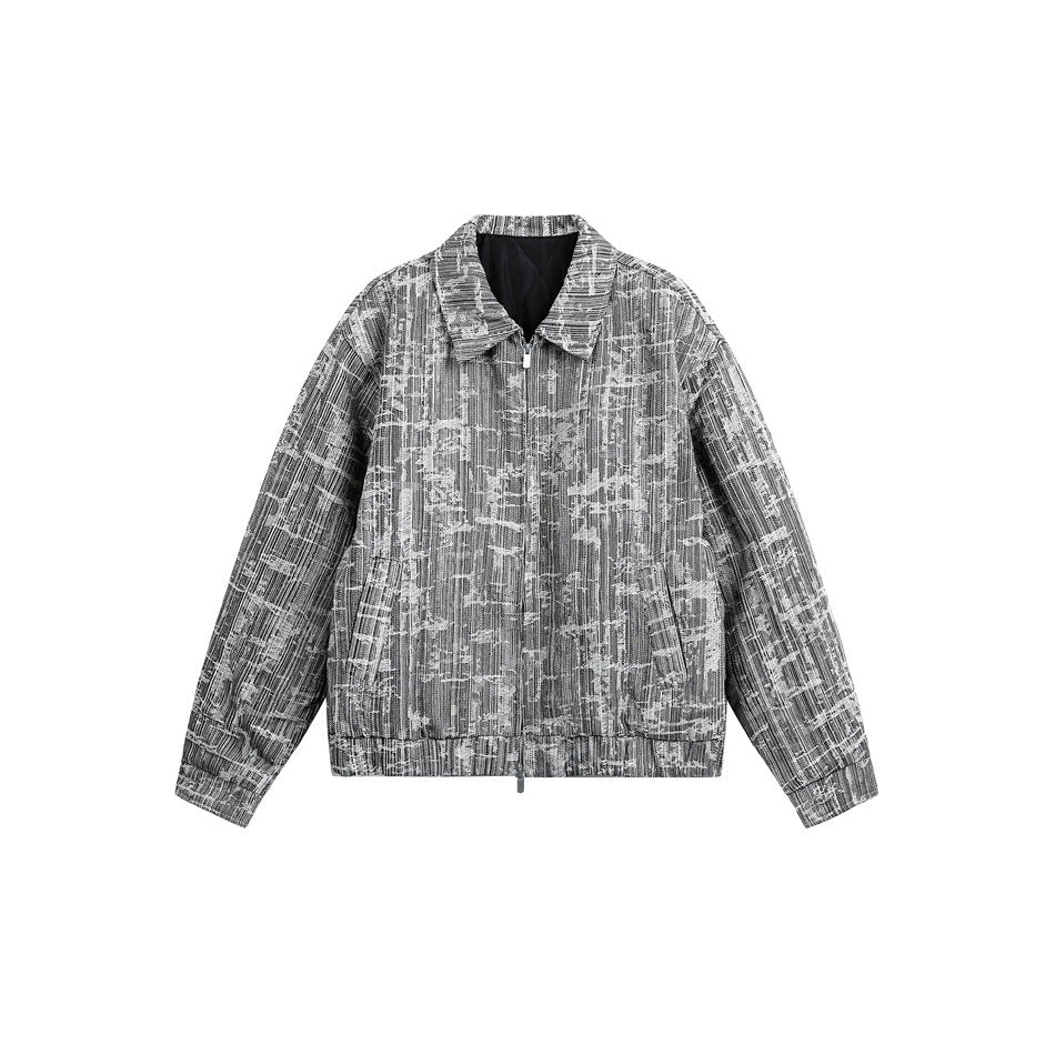 Gray and white textured zip-front jacket with collar and side pockets on a white background