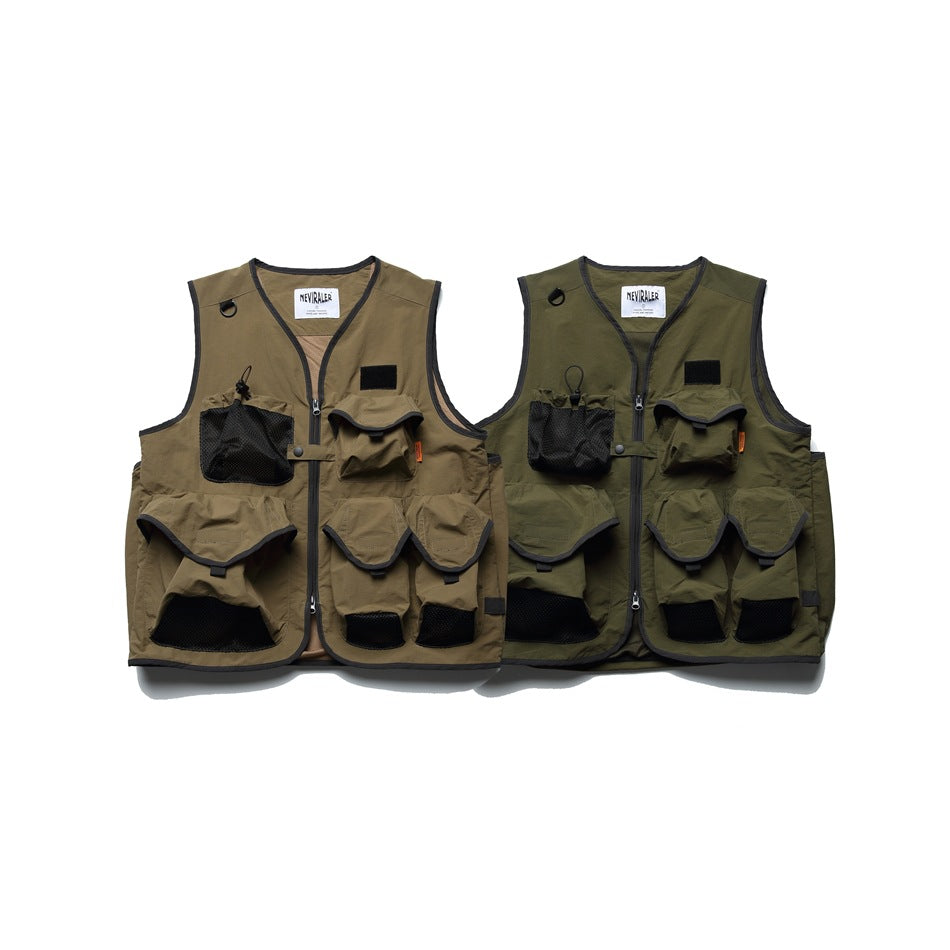 Two utility vests shown from the front in khaki and olive, with multiple pockets and black trim.