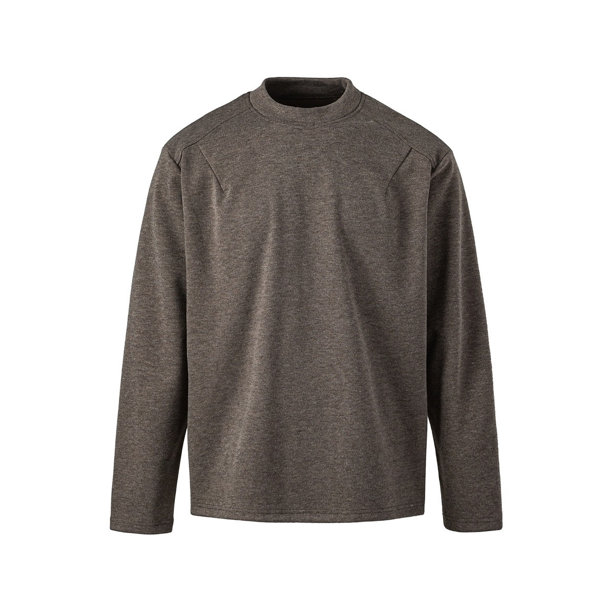 Khaki-brown heathered long-sleeve pullover with high round neck and raglan seams, front flat view