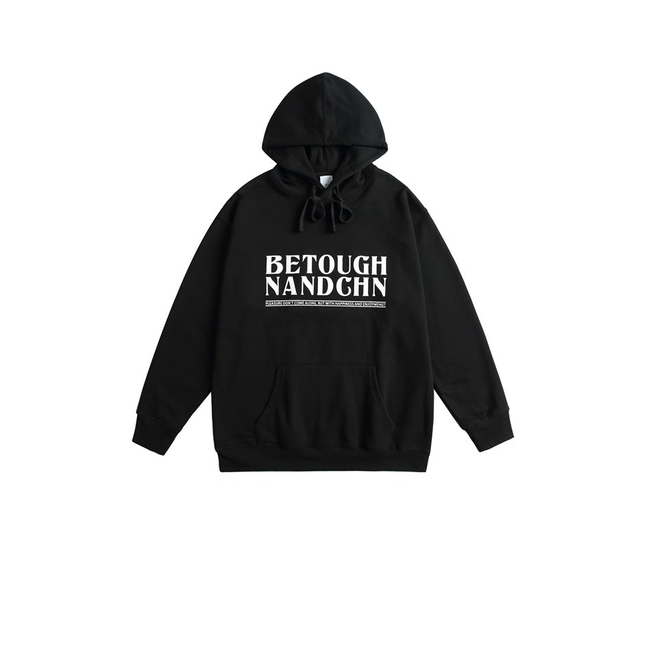 Black pullover hoodie flat lay with white 'BETOUGH NANDCHN' chest print, kangaroo pocket and drawstrings