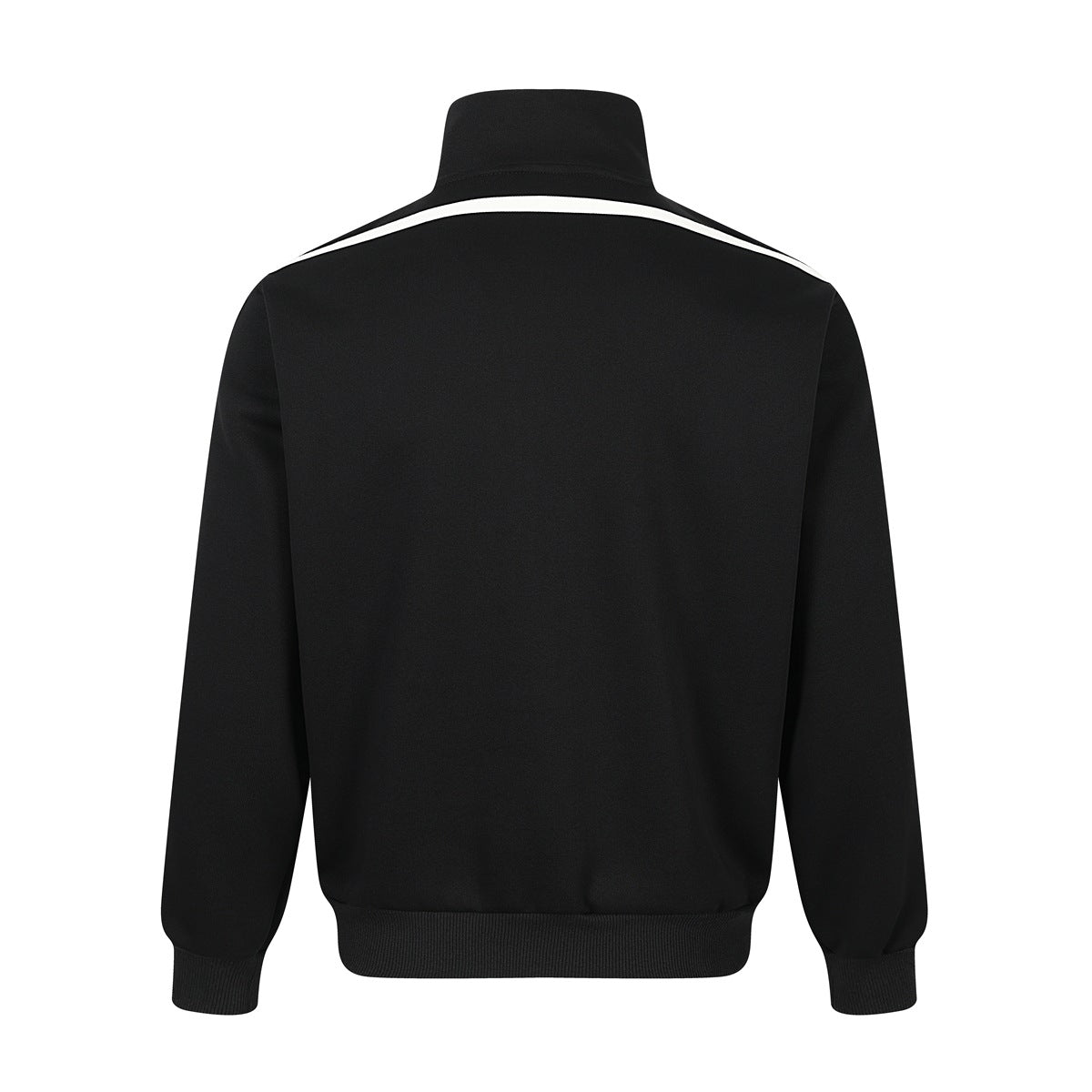 Back view of black stand-collar jacket with white yoke stripe and ribbed cuffs and hem