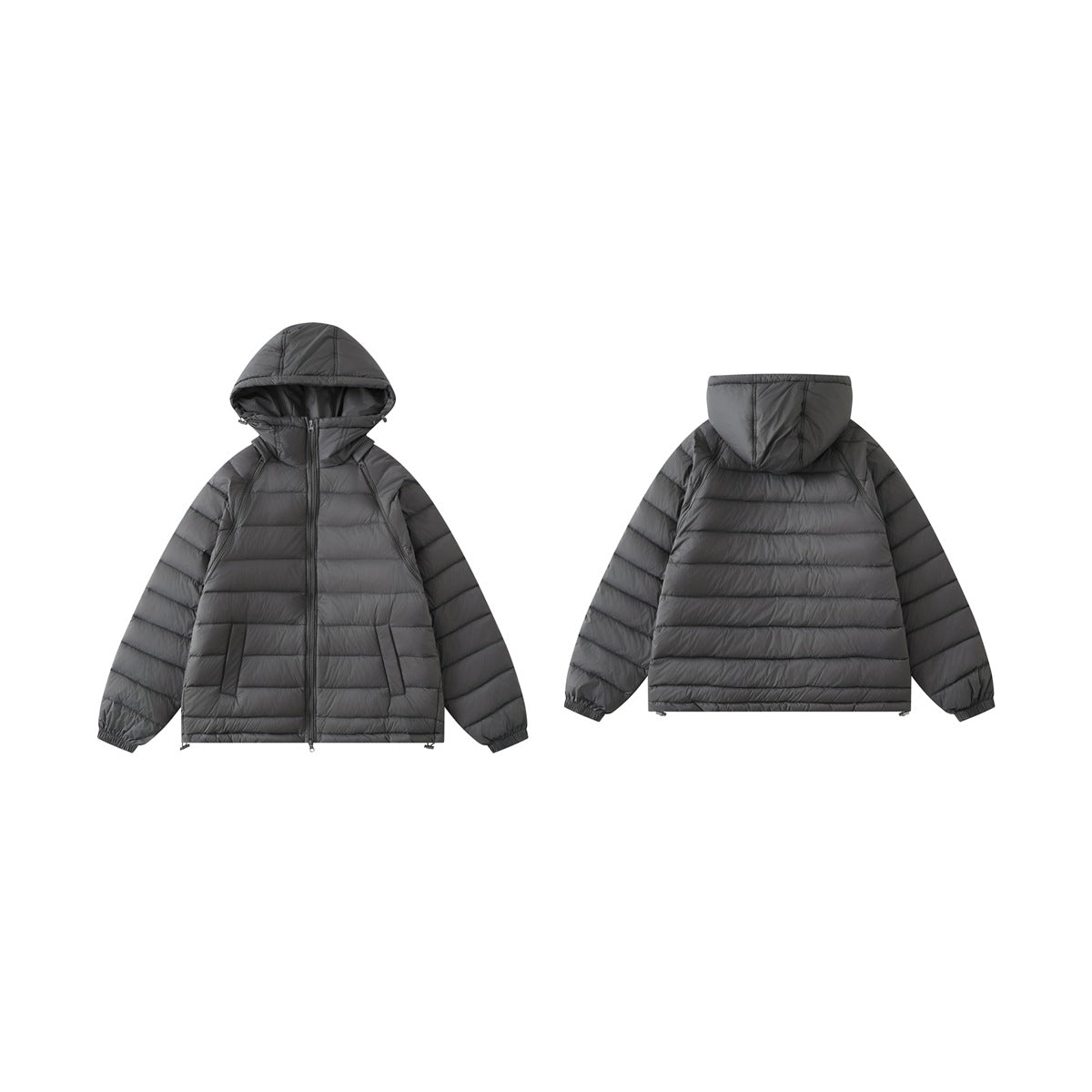 Charcoal-gray hooded quilted jacket shown from the front and back, with front pockets and a full-length zipper.