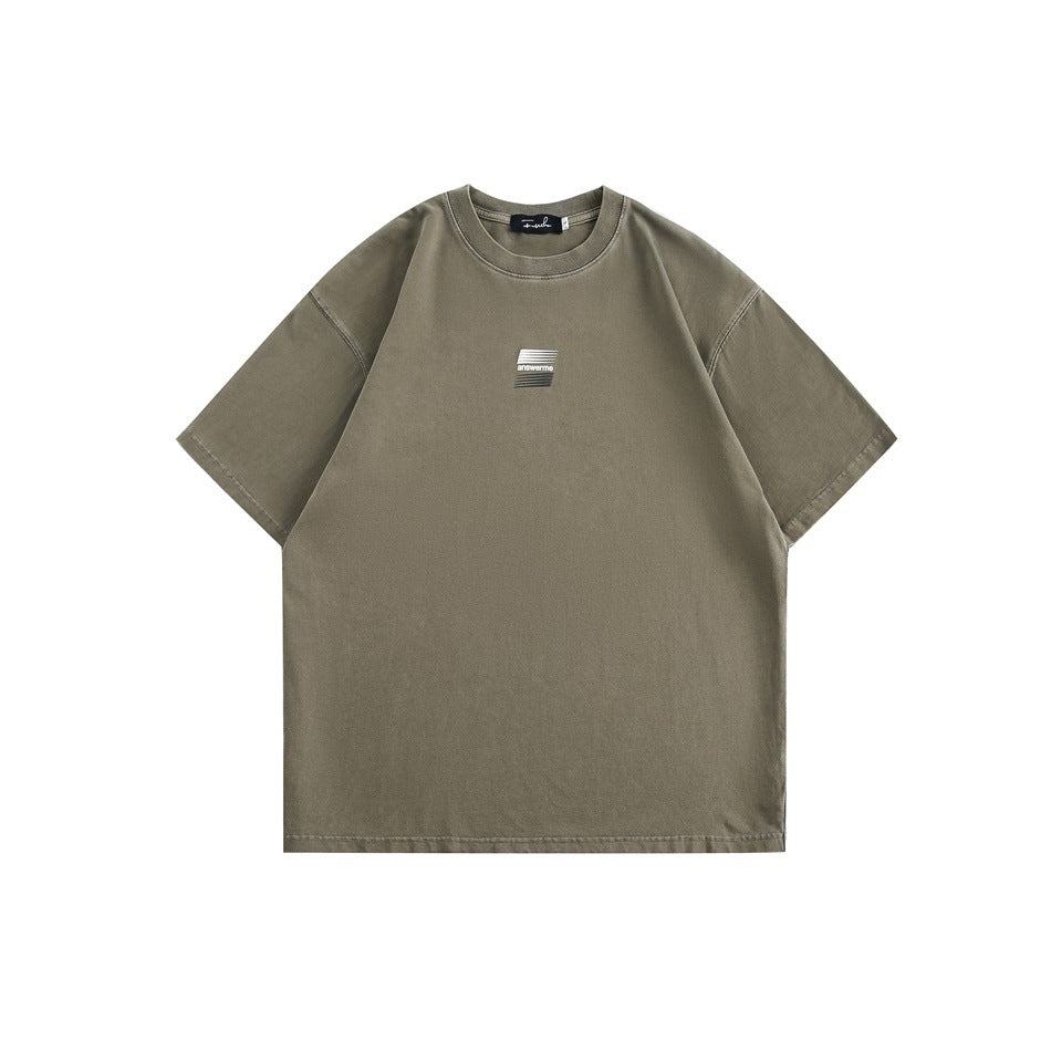 Front of olive green short-sleeve crew-neck T-shirt with small gradient stripe graphic at center chest