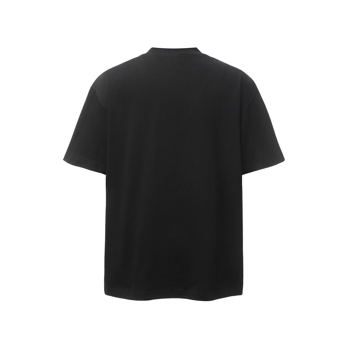 Back view of a plain black short-sleeve T-shirt.