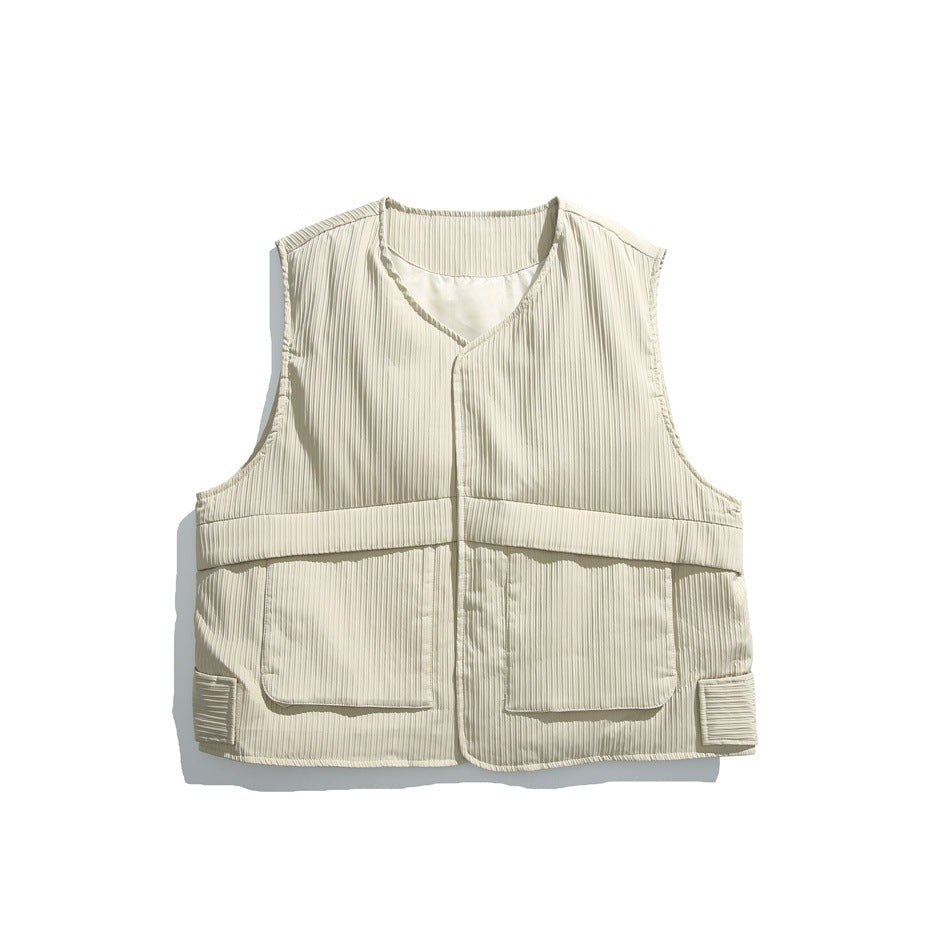 Front view of a light beige sleeveless vest with a V-neck, vertical ribbing, and two large patch pockets.