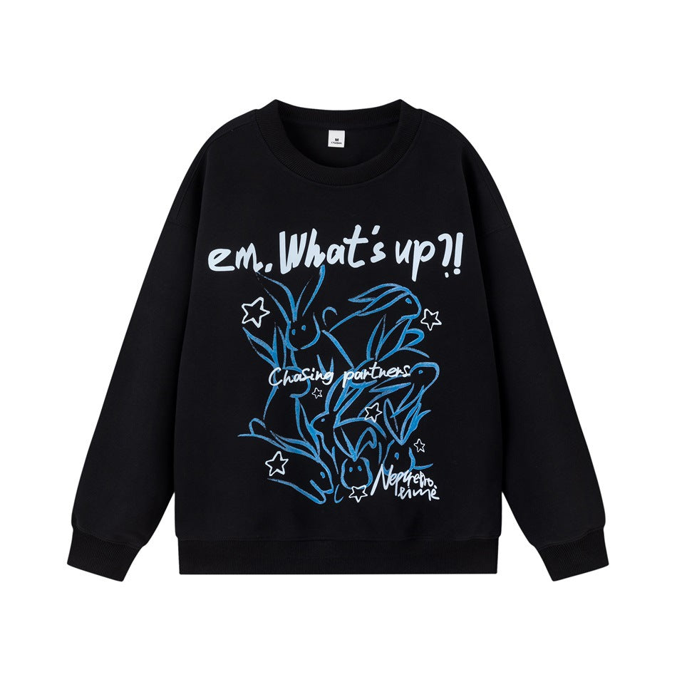 Black crew-neck sweatshirt with blue rabbit and star graphic and "em. What's up?!" text, flat front view