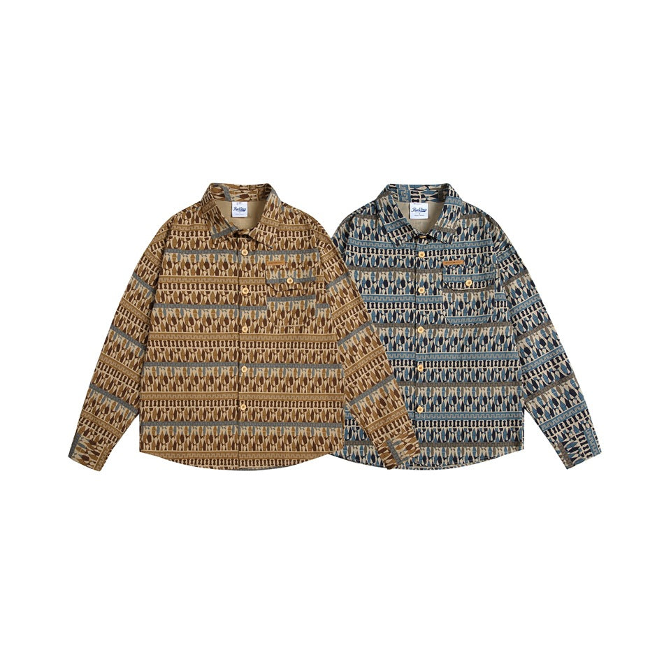 Two flat-lay button-up jackets in brown and blue colorways, both with geometric patterns and stripe accents.