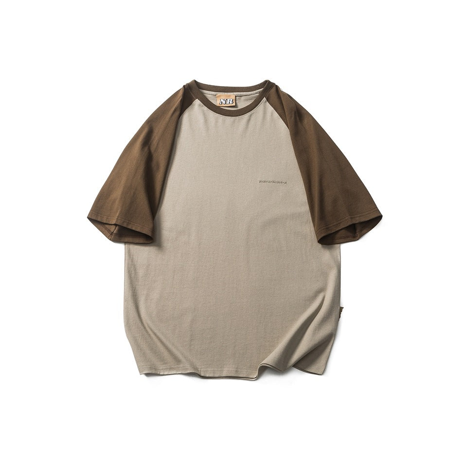 Khaki-beige raglan T-shirt with brown short sleeves and collar, flat lay front view