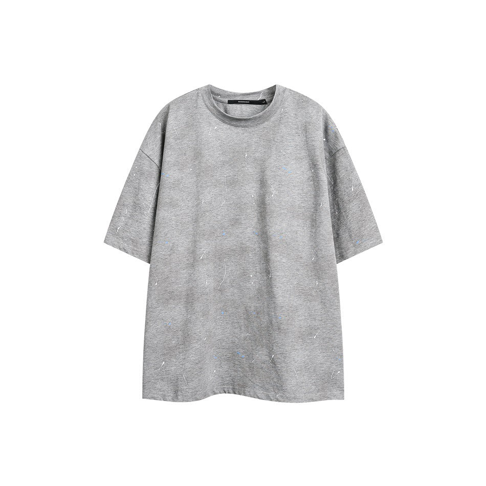 Heathered gray short-sleeve crew-neck T-shirt with white and blue paint splatter details, flat front view