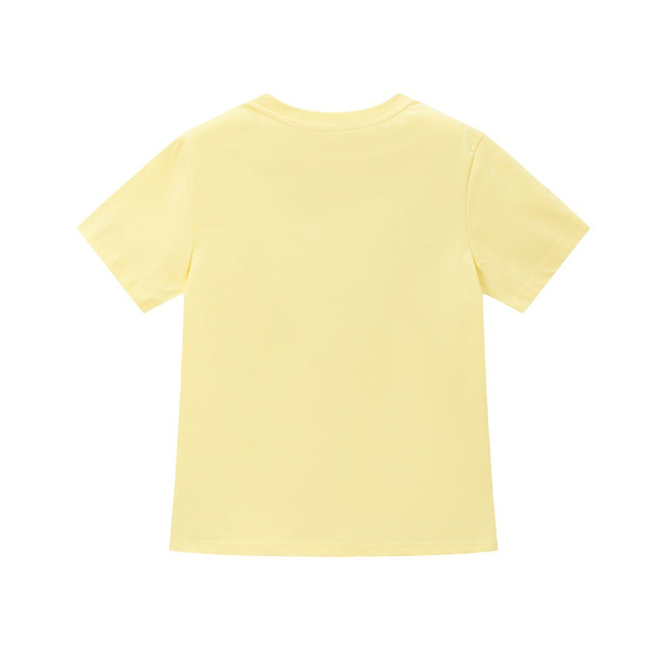 Back view of a plain pale yellow short-sleeve T-shirt laid flat.