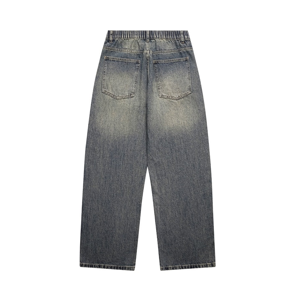 Dark-wash straight-leg jeans shown from the back, with two patch pockets and a gathered waistband.