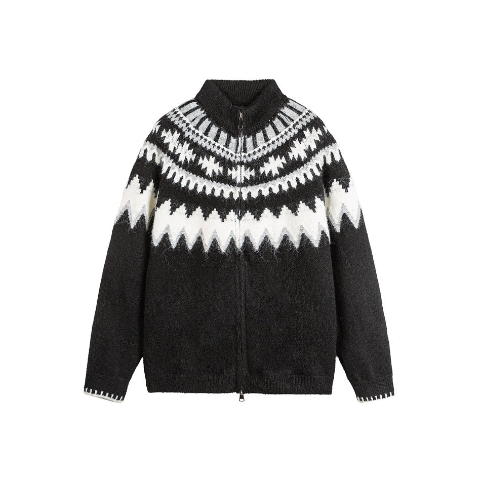 Black zip-front knit cardigan with stand collar and white and gray Fair Isle yoke pattern, flat front view