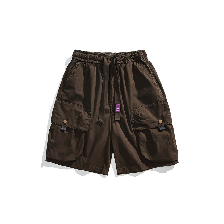 Coffee brown cargo shorts flat lay with drawstring waist and large flap cargo pockets