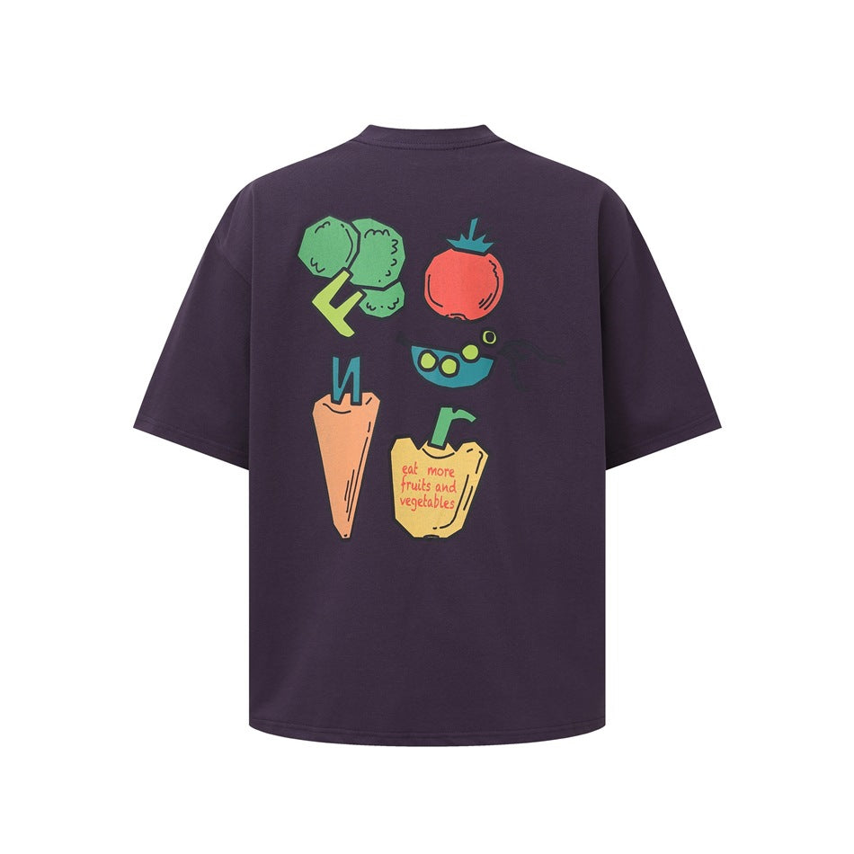 Dark purple short-sleeve T-shirt back with colorful cartoon vegetable print and 'eat more fruits and vegetables' text