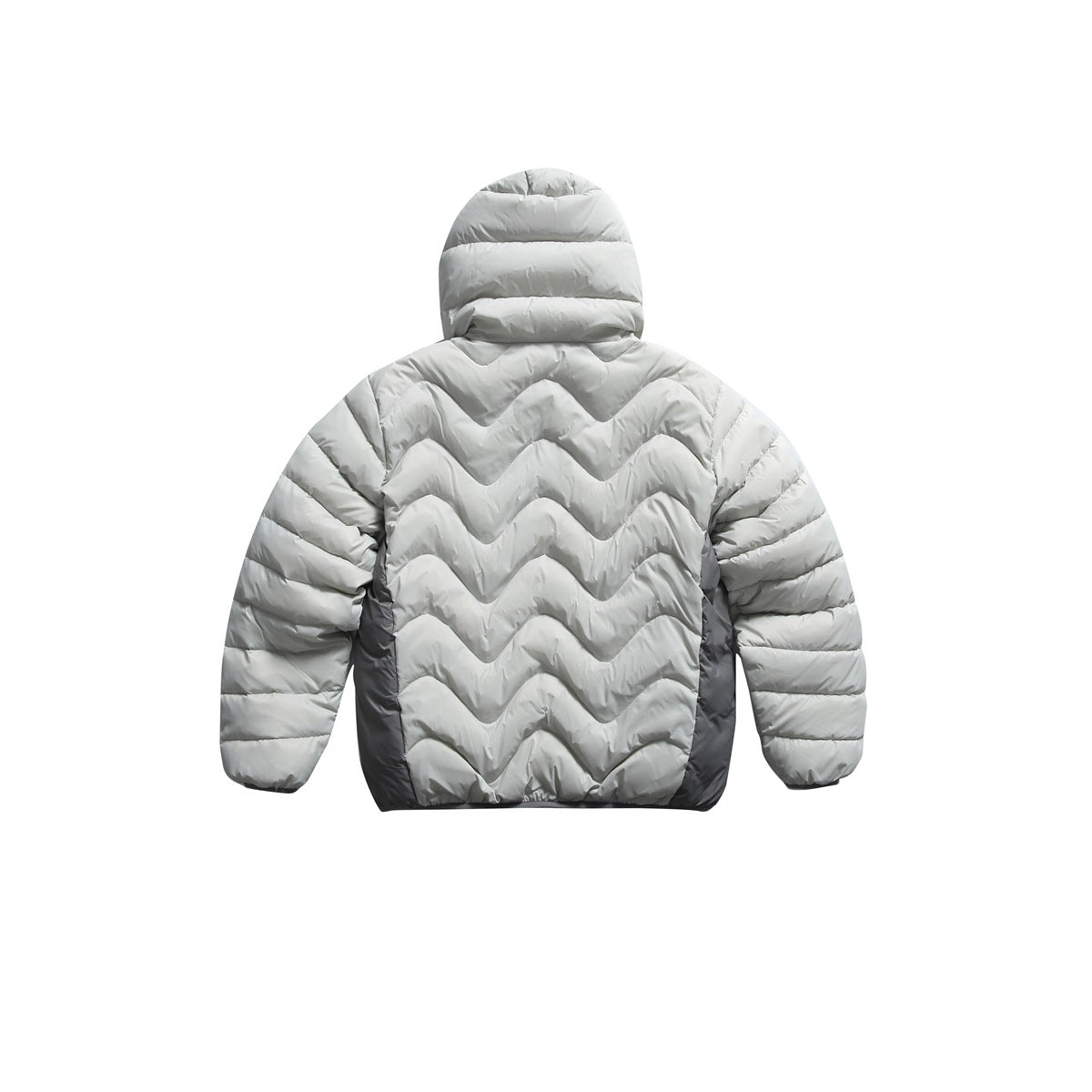 Back view of a light gray hooded puffer jacket with a chevron-quilted body and dark gray side panels.